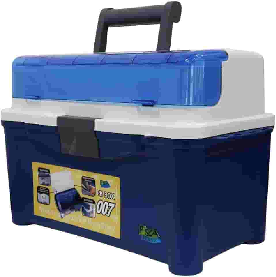 Pesca Brasil, Maleta De Pesca PB Box 007 Com 1 Estojo Papa Isca E 2 Estojos Multiuso, Suporta Mais De 120kgs, Com Abertura Na Tampa, Compartimentos Ajustáveis, Resistente, Durável, Azul e Branco