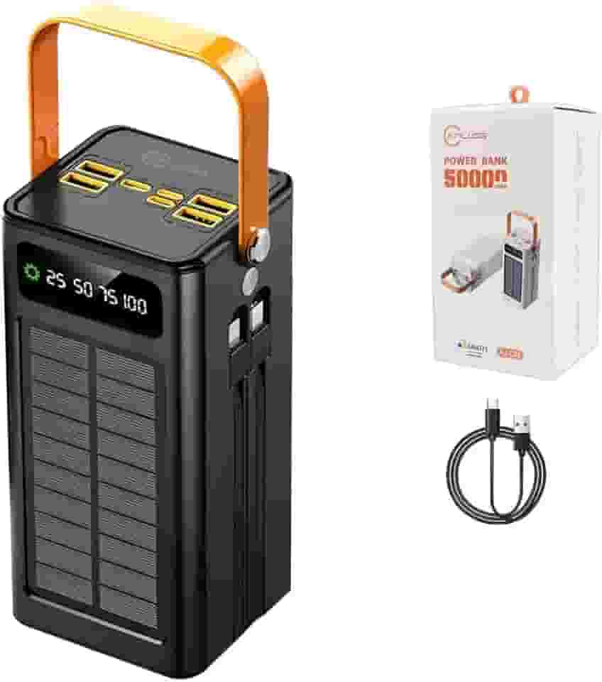 'Power bank 50.000mAh com carregamento solar: energia ilimitada e portátil para qualquer lugar. Ideal para viagens, aventuras e emergências. Sustentável, potente e sempre à mão. Carregue sem limite!