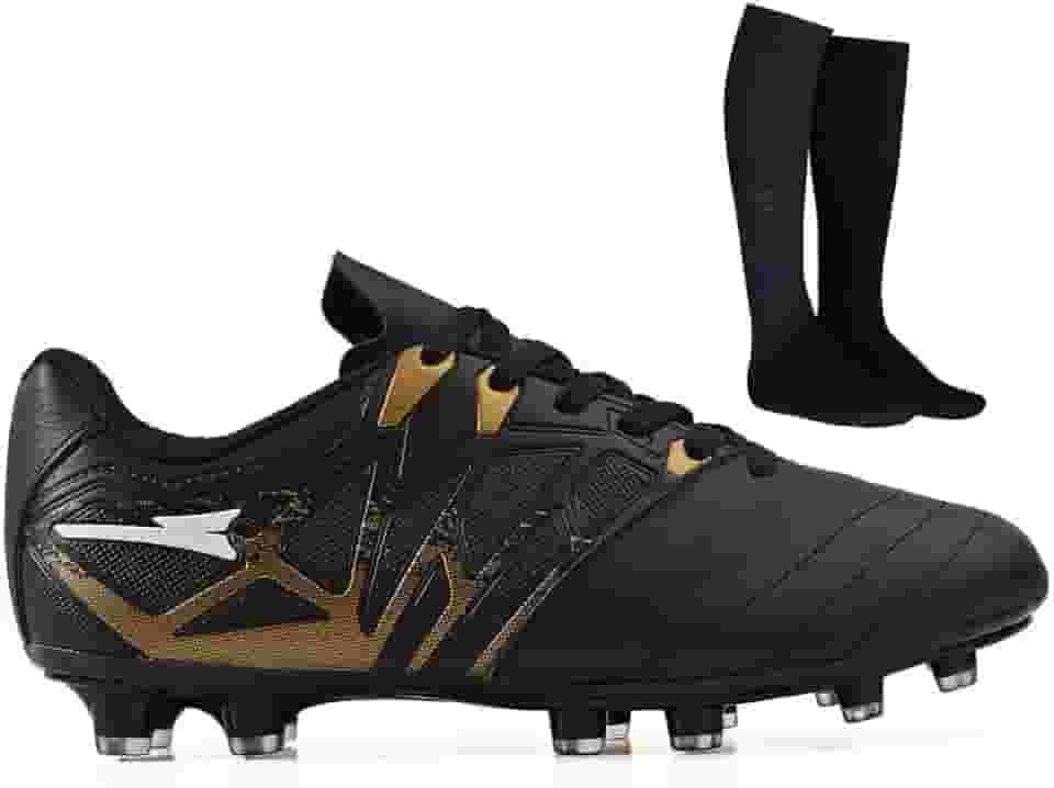 Chuteira de Futebol Masculina Campo Grama Natural Bico Reforçado em Couro + Meião