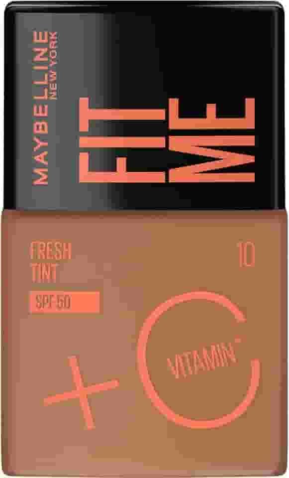 Maybelline NY Fit Me Fresh Tint Base Líquida, Proporciona Efeito Glow Natural, Controla a Oleosidade e Uniformiza a Pele com Vitamina C e FPS 50, Cor 10, 30ml