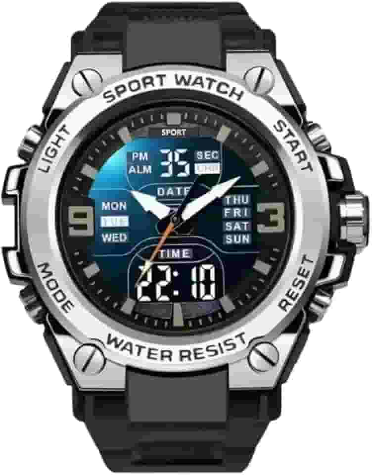 Relógio Digital e Analógico Tático Estilo Militar Esportivo Resistente Shock I Relógio de Pulso Masculino Ideal para Homem Sobrevivência À prova D'água Com LED Noturno Cronômetro Data e Pulseira Resistente Robusto de Alta Durabilidade (Detalhes Cinza)