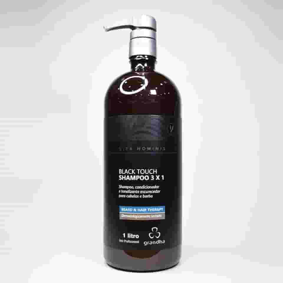Shampoo Tonalizante Grandha Vita Hominis Black Touch 3x1 1L Eficiente Para o Escurecimento Gradual da Barba e Dos Cabelos