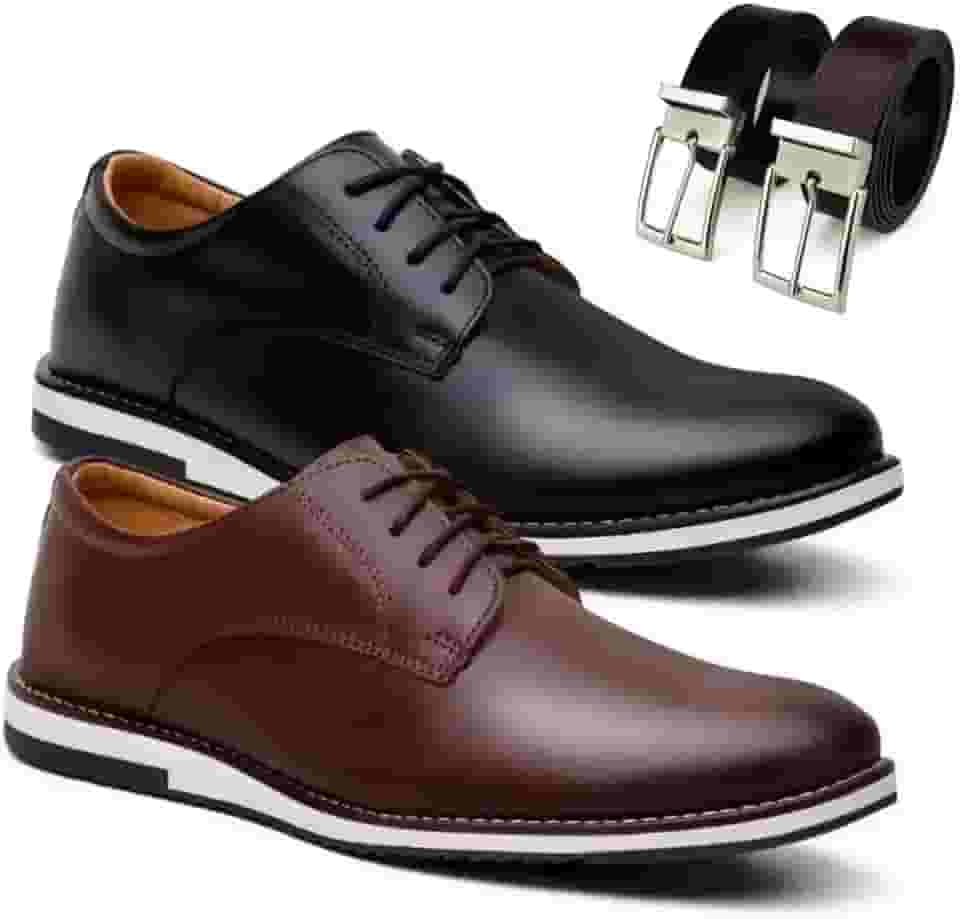 Kit 2 Pares Sapato Social Masculino Oxford Derby em Premium com Cinto Dupla Face, Estilo Confort