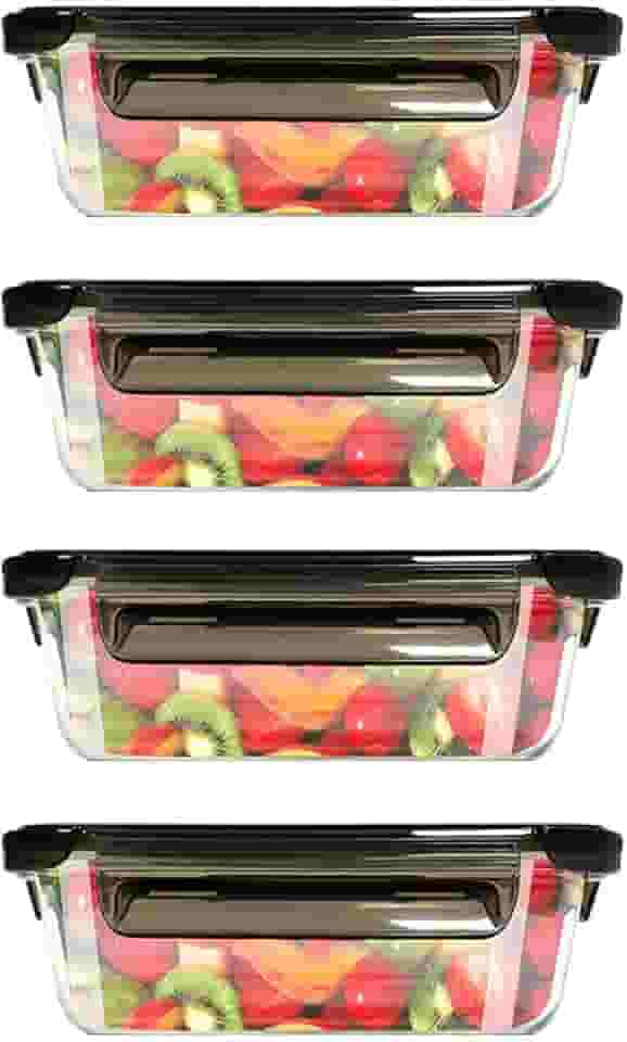 Kit 4 Potes de Vidro Hermético Retangular com Tampa, 680ml - Marmita para Comida com 4 Travas, Organizador Porta Frios e Mantimentos na Geladeira, Vai ao Microondas, Forno e Lava-Louças