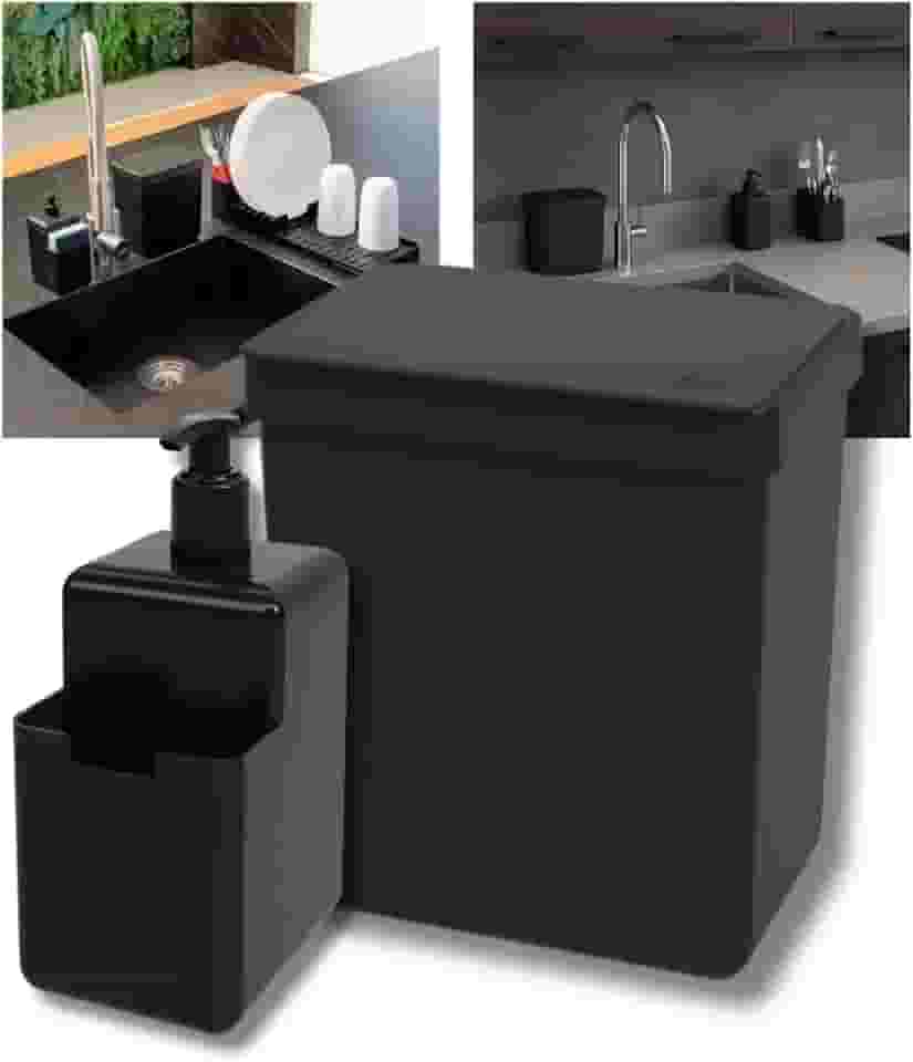 Lixeira De Pia 2,5 L Com Tampa + Porta Detergente 500ml Com Suporte Bucha para cozinhas pequenas