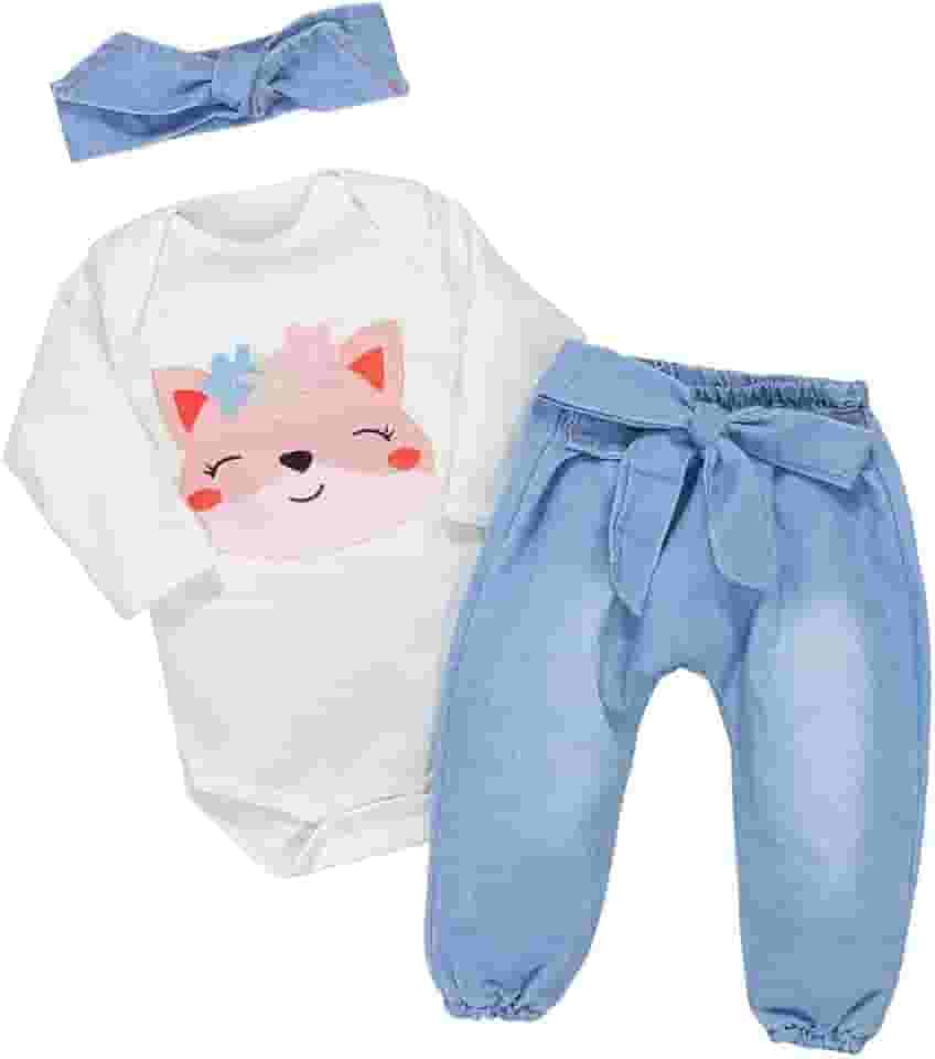 Conjunto Bebê Body Bordado Manga Longa com Calça Jeans ou Calça Ecolinho Sustentável - Era Uma Vez 0-12 Meses