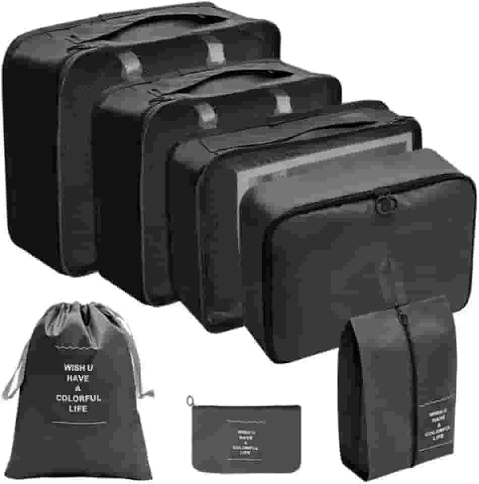 Kit Organizador de Malas para Viagem 7 Peças Conjunto Organizador Roupas Bolsas Necessaire Sapatos Maquiagem Completo Bagagem Organizada Premium (Preto)