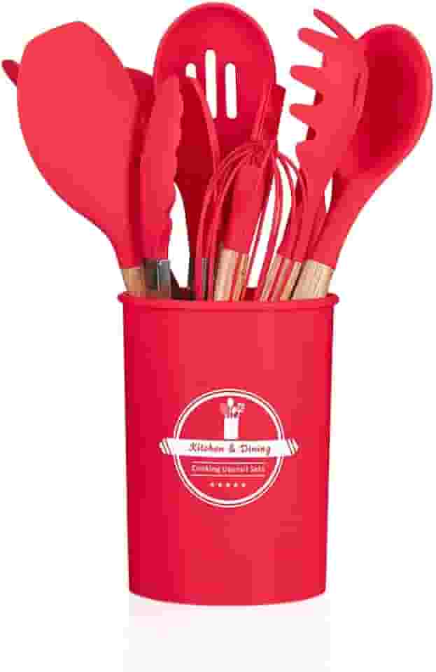 Jogo Utensílios de Cozinha Silicone Cabo de Madeira MM House (Vermelho)
