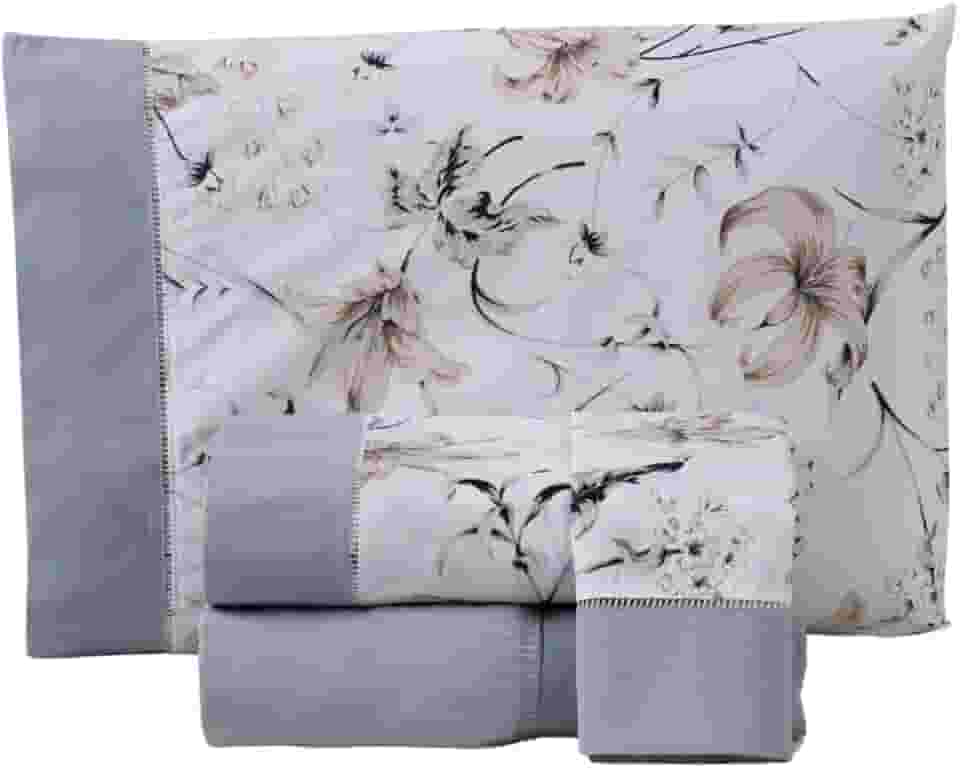 Jogo de Lençol Floral, 4 Peças, Percal 180 Fios, Estampado com Ponto Palito, Algodão/Poliéster, Casal, Queen ou King (Cinza, Casal King)