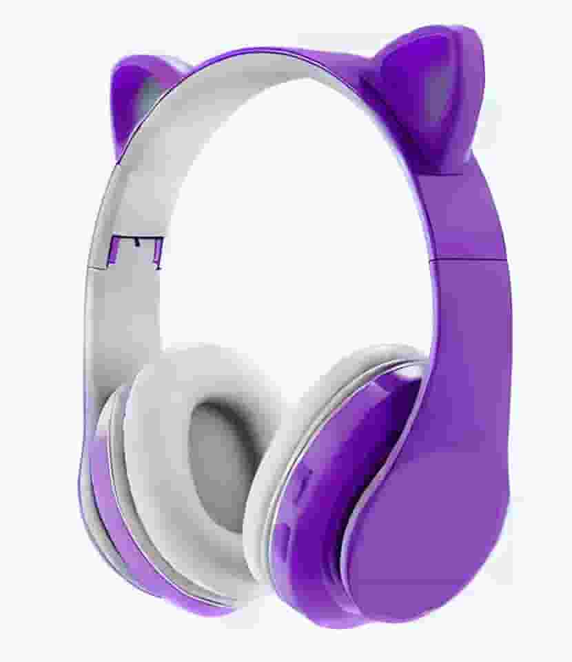 Fone de Ouvido Gatinha Infantil/Cosplay/Sem Fio com Luzes LED: Wireless, Conforto, Som de Qualidade e Muita Diversão para Crianças (ROXO)