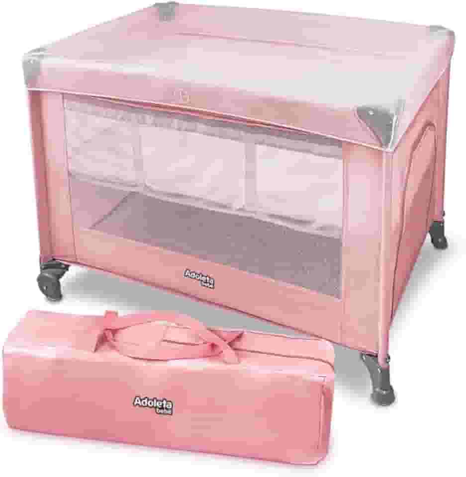 Berço Portátil Infantil Multifuncional Cercado com Mosquiteiro e Abertura Lateral (Rosa)