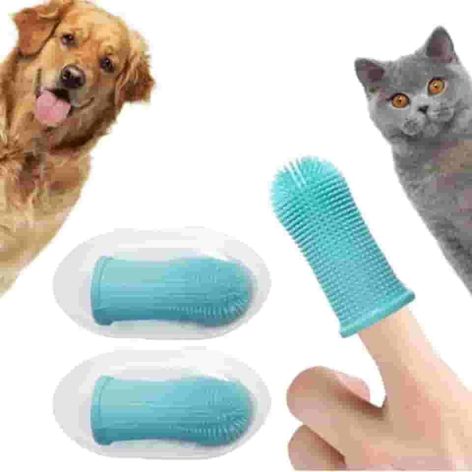 Escova de Dentes para Pet 360º de Dedos – Limpeza Suave e Completa para cães, gatos e animais de estimação – Kit com 2 Peças, azul, Silicone Seguro