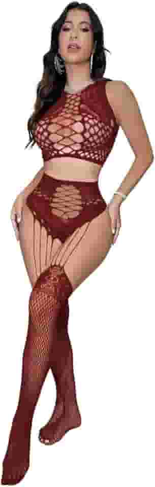 Conjunto de lingerie feminina sexy de duas peças de malha vazada arrastão e meias altas para stripper, Vinho tinto, Tamanho Único