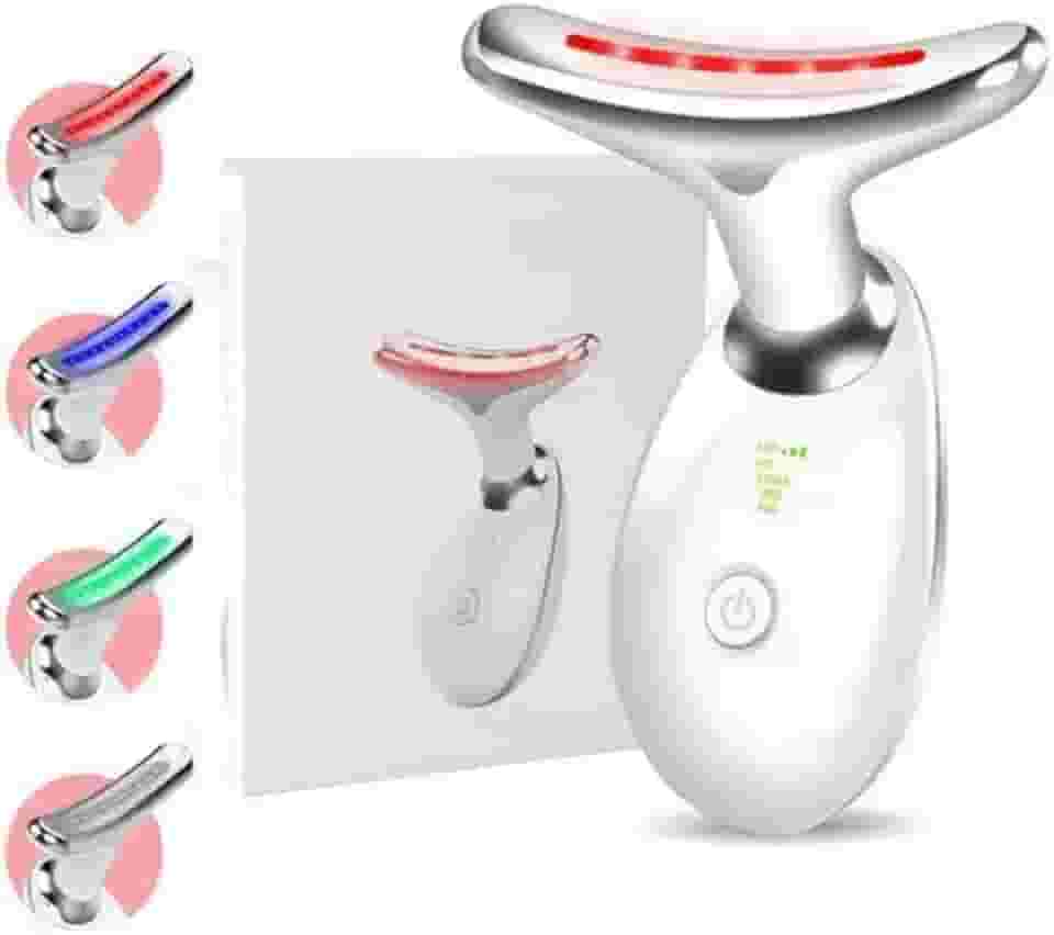 Massageador Facial LED 7 Cores - Modos, Aparelho Anti-Rugas para Rosto e Pescoço, Tratamento Estético Vibratório com Luz LED Para Elevação da Pele Lifting Bivolt Recarregável (Branco)