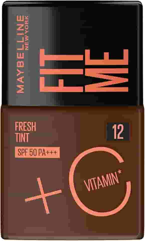 Maybelline NY Fit Me Fresh Tint Base Líquida, Proporciona Efeito Glow Natural, Controla a Oleosidade e Uniformiza a Pele com Vitamina C e FPS 50, Cor 12, 30ml