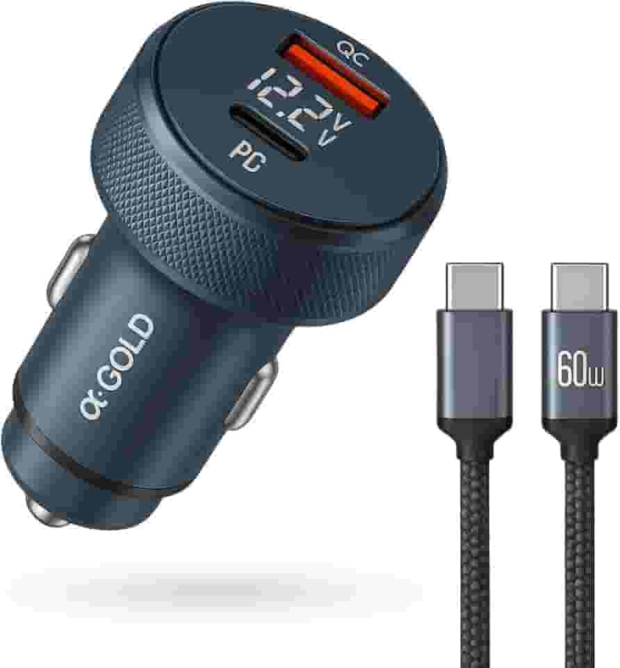 Carregador Veicular Turbo 60W com 2 Portas – USB 3.0 + Tipo C – Carregamento Rápido 9.1A – Compatível com Celulares, Tablets e GPS – Modelo Premium (Cinza)