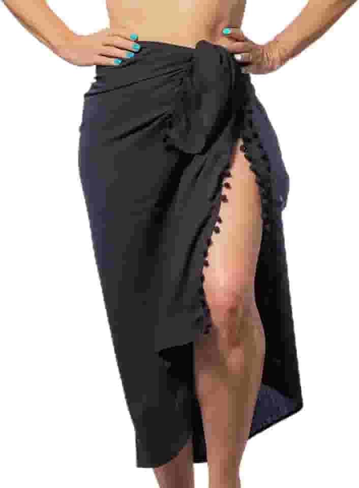 Canga de Praia Preta com Pompom Saída de Praia Viscolinho Pareô