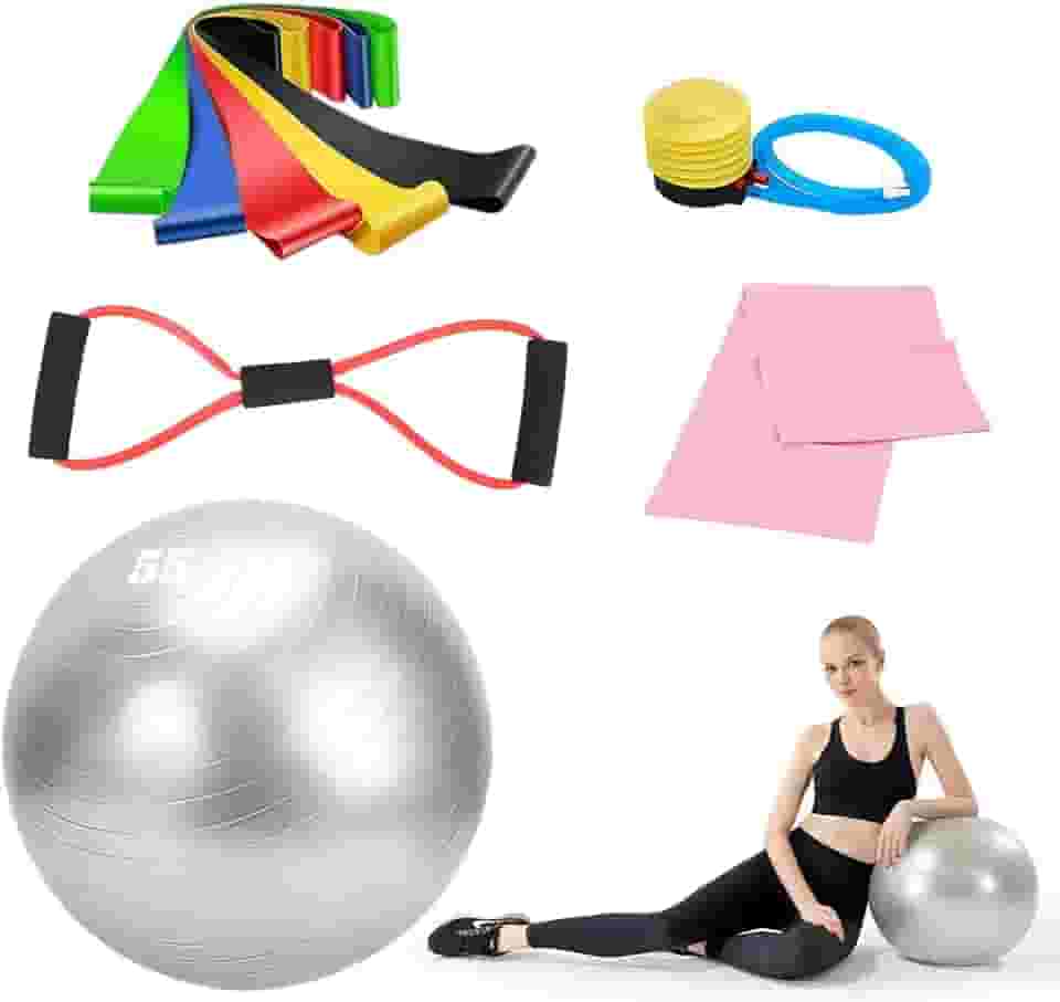 Kit Pilates em Casa, Bola 55cm Antiestouro com Bomba de Ar, Suporta 200kg, 7 Faixas Elásticas, Kit Essencial para Ioga em Casa, Adequado para Pilates, Ioga, Ginástica e Atividades Semelhantes