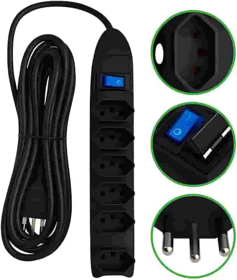 Extensão Elétrica 6 Tomadas com Fusível de Proteção e Interruptor – Cabo 3,0m Bivolt 110/220V, Filtro de Linha Seguro, 10A, Até 2500W – Régua de Tomadas para Casa e Escritório – (Preto)