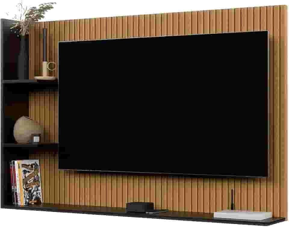 Painel Para TV 50 Polegadas Sala/Quarto Nicho Prateleira Berlim (Ripado/Preto)