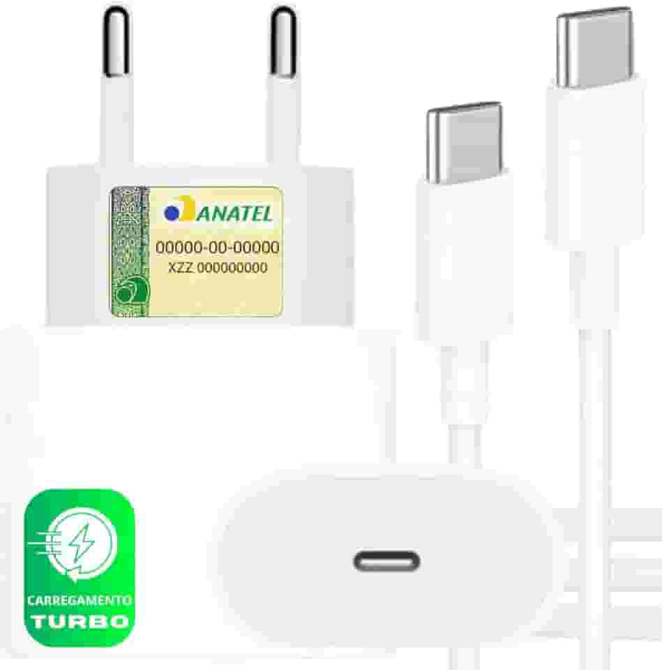 Carregador USB-C Turbo para iPhone 15, 15 pro, 15 Pro Max, iPhone 16, 16 pro, 16 pro Max, Compativel c/Samsung Galaxy, IOS/Android, Super Rapido, Fonte Entrada Tipo-C + Cabo USB-C, Branco Homologado