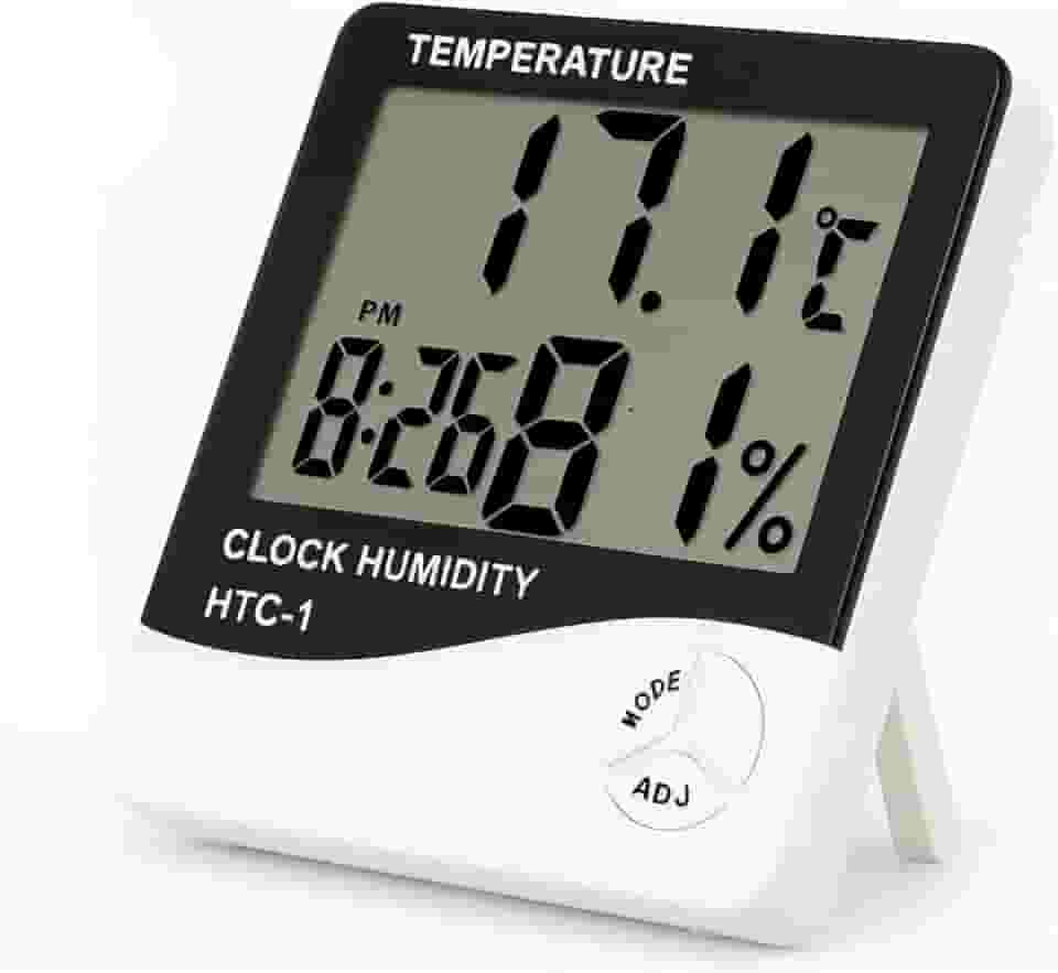 Higrômetro e Termômetro Digital com Relógio, Alarme e Visor LCD – Temperatura e Umidade Interna