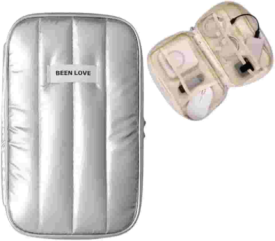 Necessaire puffer de Viagem Acolchoado, Bolsa de Maquiagem Grande, Organizador de Artigos de Higiene Pessoal (PORTA ACESSÓRIOS E CABOS PRATA)