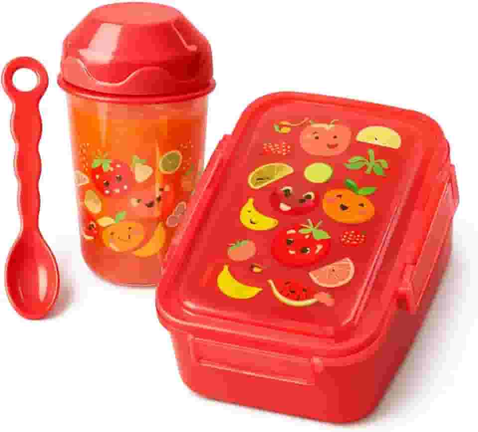 Kit Lancheira Infantil com Marmita Hermética 400ml + Copo 300ml e Colher Pote Rosa com Tampa Segura, Livre de BPA, Ideal para Escola e Passeios (Vermelho)