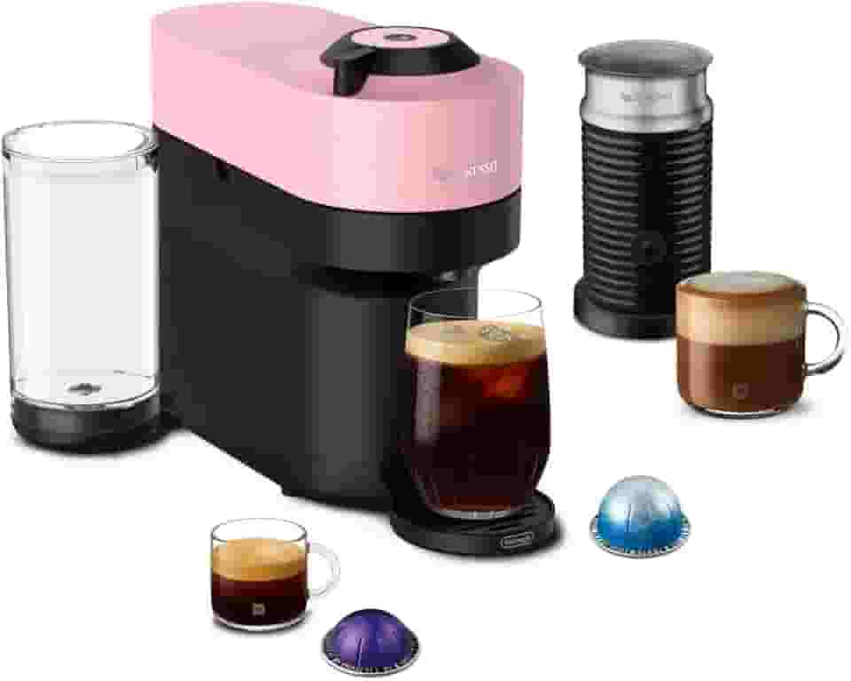 Nespresso Máquina de café e café expresso Vertuo Pop+ da De'Longhi com espumador de leite, rosa doce