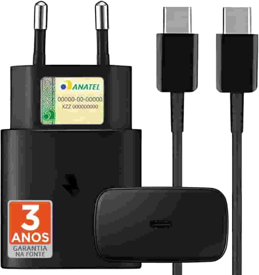 Carregador Turbo Compativel c/Samsung Galaxy, Motorola, Novo Iphone 15/16 - Fonte 25W Ultra,Carregamento Rápido, Tipo C + USB, Acompanha Cabo Tipo C, para Android/IOS - Certificado Premium Black
