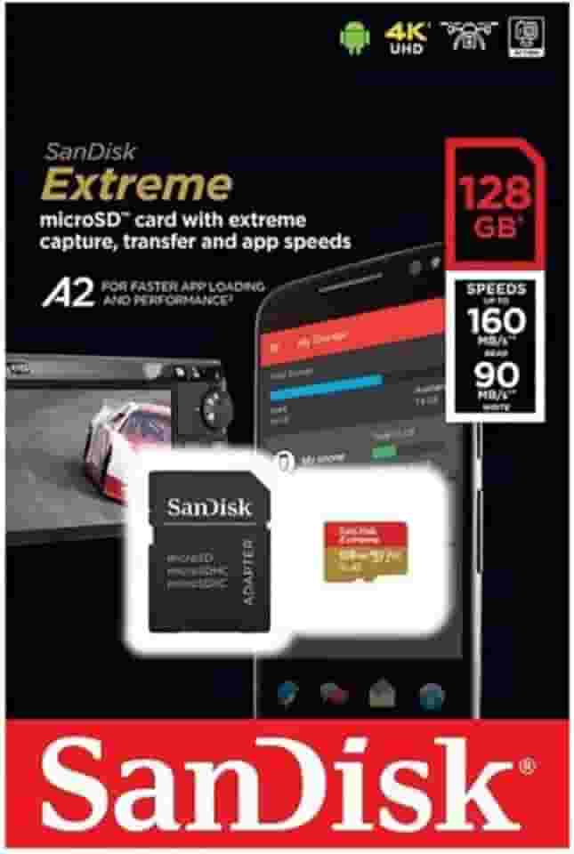 SanDisk Cartão de memória Extreme MicroSDXC UHS-I, 128 GB para jogos móveis, Nintendo Switch, GoPro Hero - C10, U3, V30, 4K, A2, cartão MicroSD SDXC - SDSQXA1-128G-GN6MA, Preto