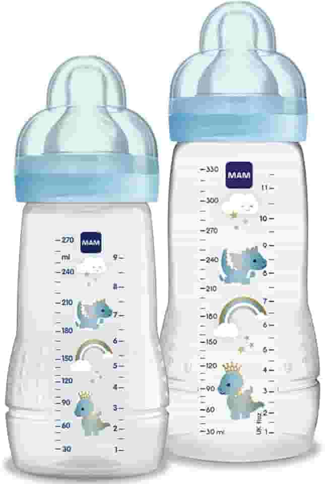 MAM Baby Kit 2 Mamadeiras Easy Active Set, 270ml e 330ml Com Formato Ergonômico e Fácil de Segurar para Crianças 2+ Meses com Bico de Silicone Skinsoft, Azul