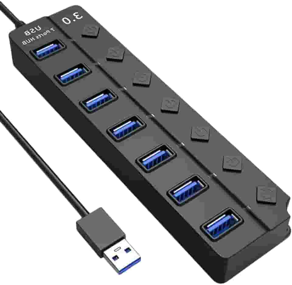 Hub USB 3.0 Com 7 Portas, Botões Individuais, LED, Alta Velocidade (5Gbps) Compatível Com PC Notebook TV Console Mouse PenDrive Teclado Impressora Acabamento Premium