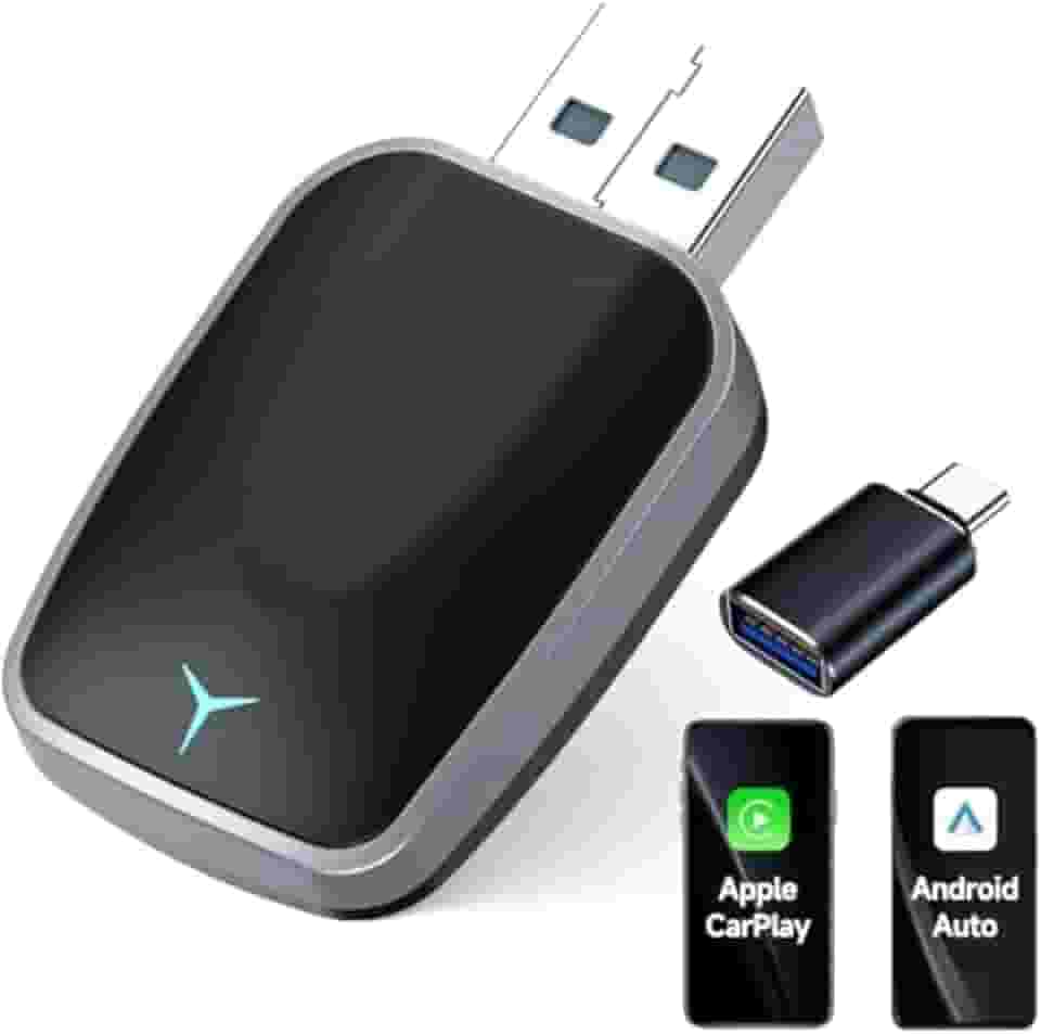 Adaptador Wireless 2 em 1 Mini para CarPlay e Android Auto, Conversor de Cabo para Sem Fio Plug & Play, Conexão Ultra Rápida 5.8GHz, Suporte USB-A/C para iPhones e Carros 2016+