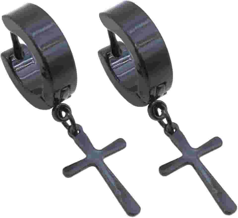 BRINCO MASCULINO ARGOLA 4 mm COM CRUZ PRETO (PAR)