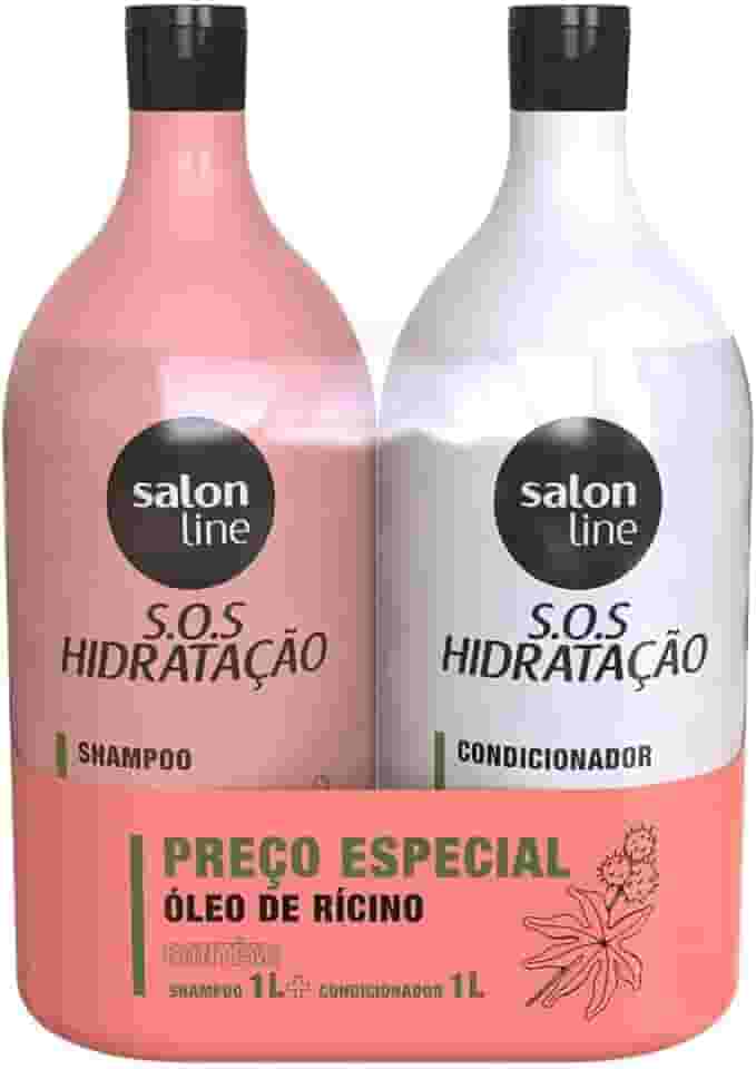 Salon Line, Kit Shampoo e Condicionador, SOS Hidratação, Óleo de Rícino, Vegano - Cabelos Lisos, Ondulados, Cacheados e Crespos, 1 L cada