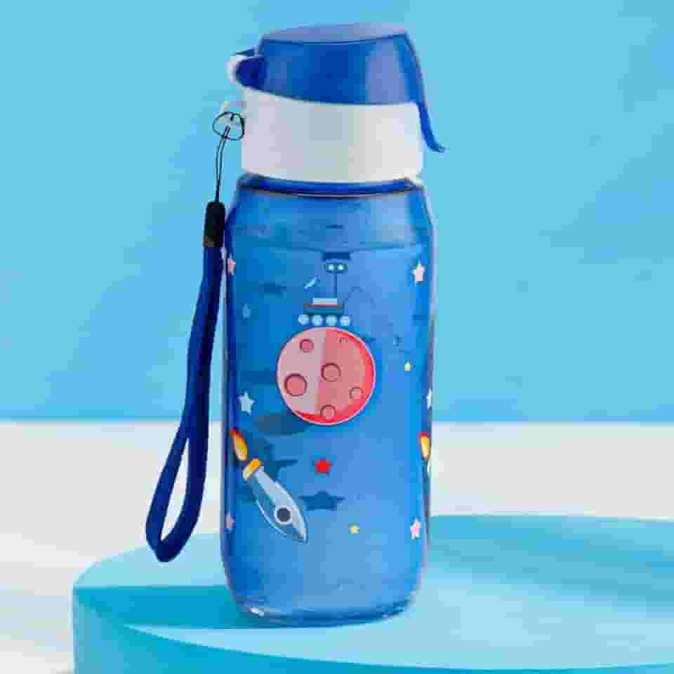 Garrafa de Água Infantil com Design Espacial, 500ml, Azul, Tampa Flip com Alça