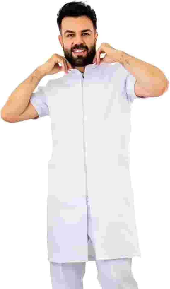 Jaleco Médico Masculino Slim Gola Padre com Zíper Manga Curta