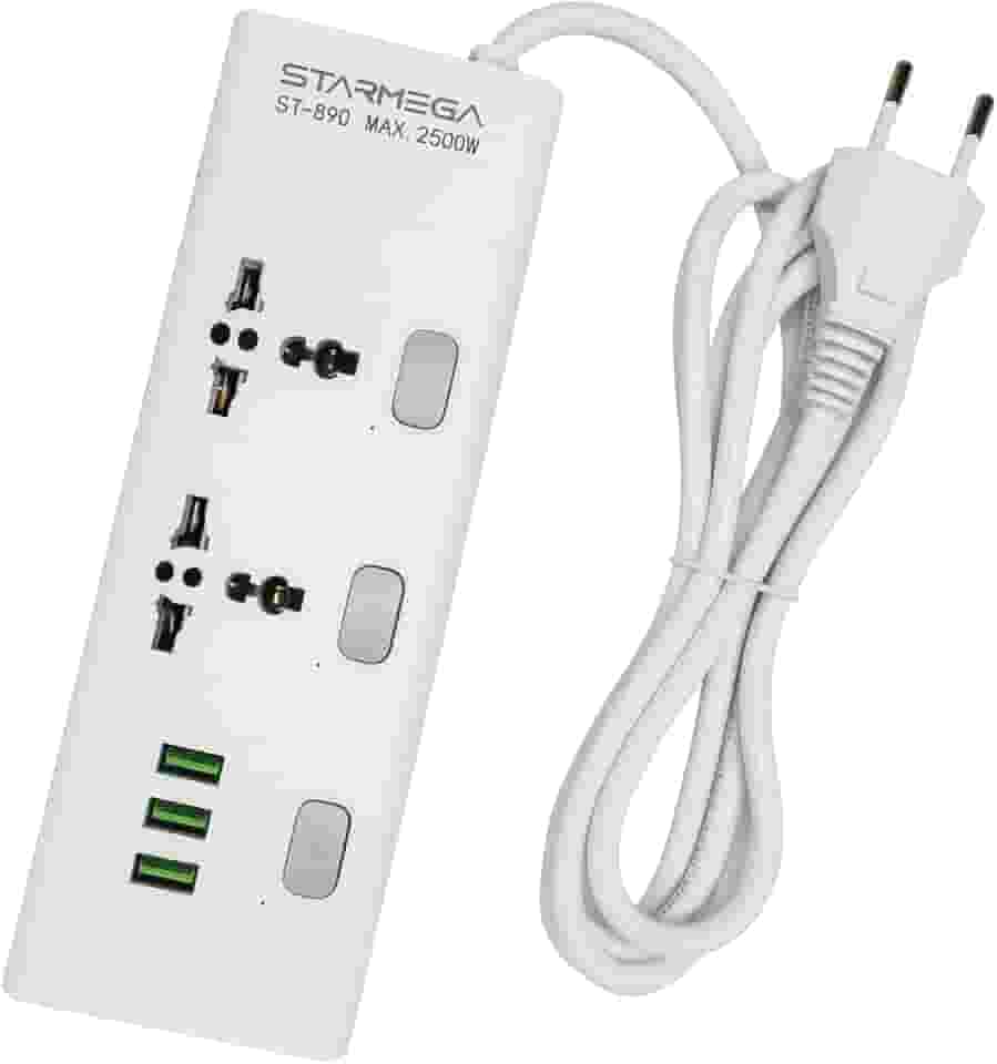Extensão Tomada, Régua Tomada, Régua de Energia, 2 tomadas universais, 3 Interfaces USB, Cabo de Alimentação de 1 metro, Suporte a Tensão de 110-220V, Potência de 2500W, Branca