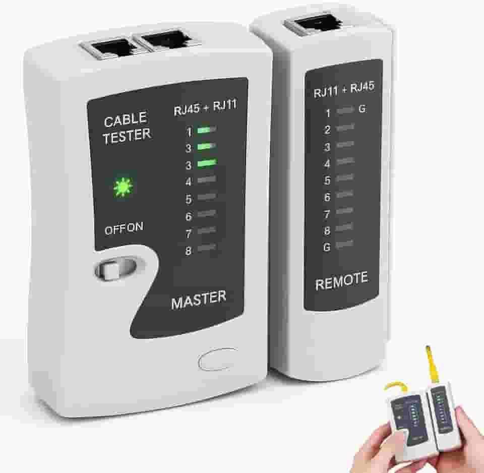 Testador de Cabos RJ45 e RJ11 – Verificador de Conectividade de Rede | Detector de Falhas para Cabos Ethernet e Telefônicos | LED Indicador – Portátil e Fácil de Usar