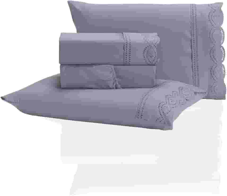 Jogo de Lençol Queen 3 Peças Percal 400 Fios Bordado Inglês - Tecido Acetinado, Macio e Confortável (Cinza, Queen)