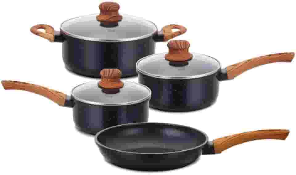 Jogo de Panelas Indução Antiaderente 4 Peças, Revestimento Cerâmico, Alumínio e Fundo Triplo (Preto)