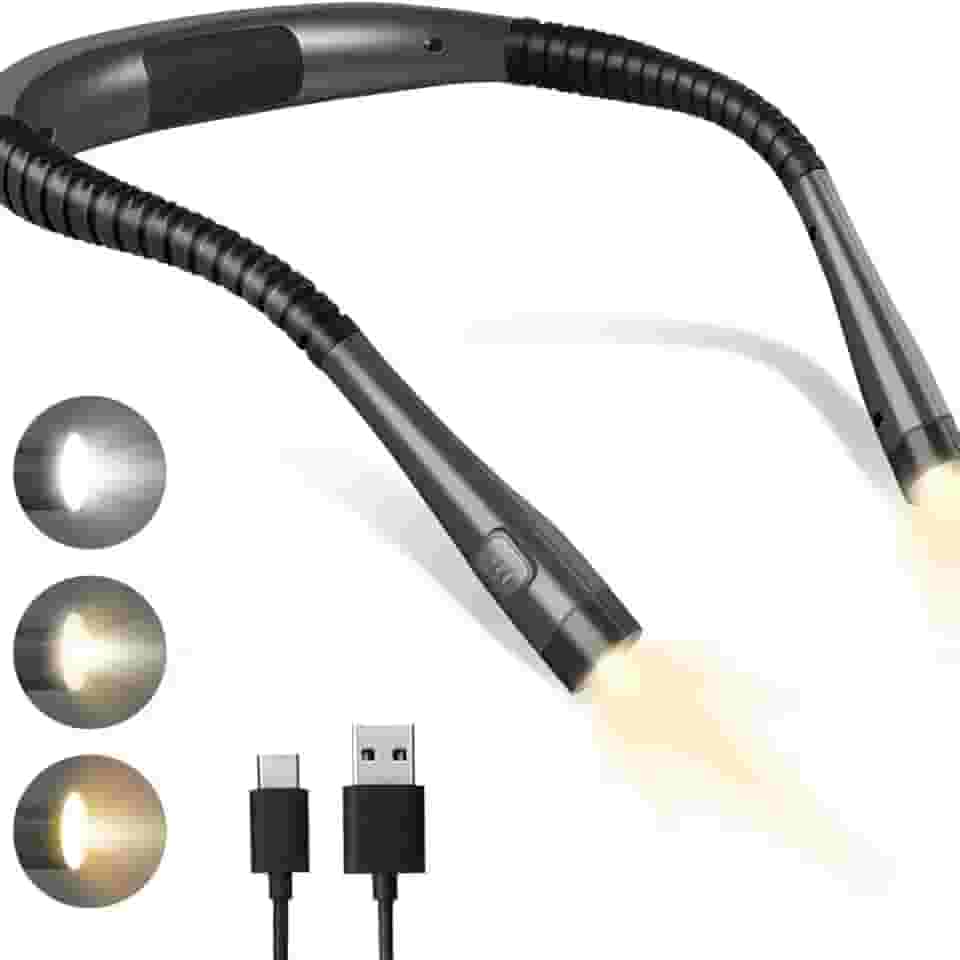 Luz de livro, luz de Leitura de 3 Cores e 6 Níveis de Brilho Pescoço Dobrável, Lâmpada Recarregável com Duração de 80 Horas, Leitura na Cama, Tricô, Acampamento