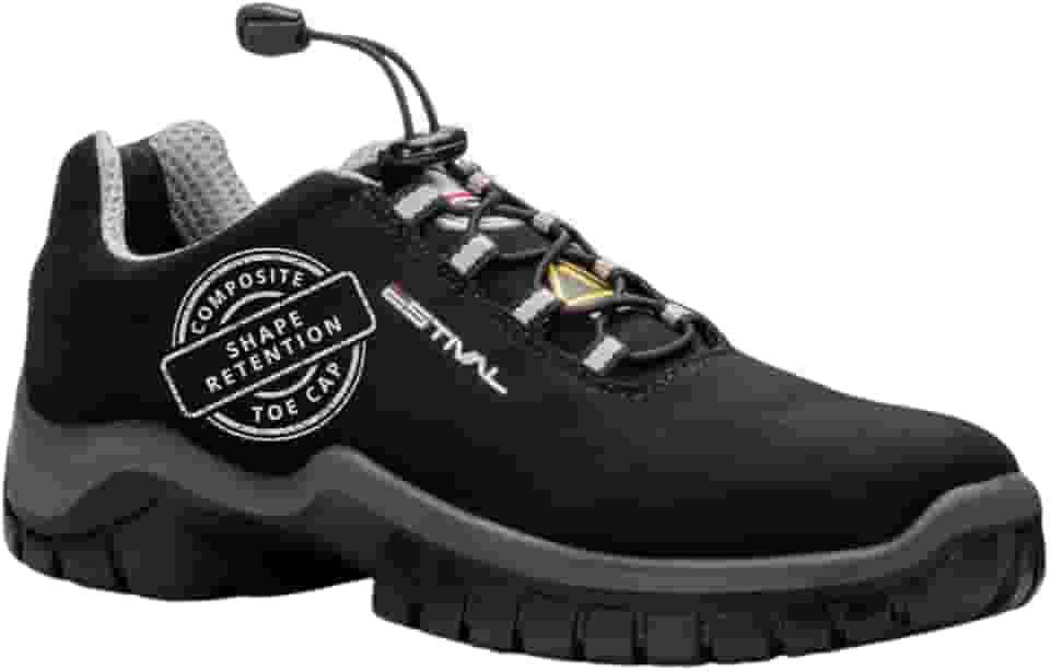 EN1002 Bota De Segurança Masculina - Preto E Cinza, Cano Baixo, Solado Bidensidade PU Amortecedor, Biqueira Composite, Forro Tecido Aerospacer 3D, Cadarço Elástico, Cabedal Microfibra Resistente a Água