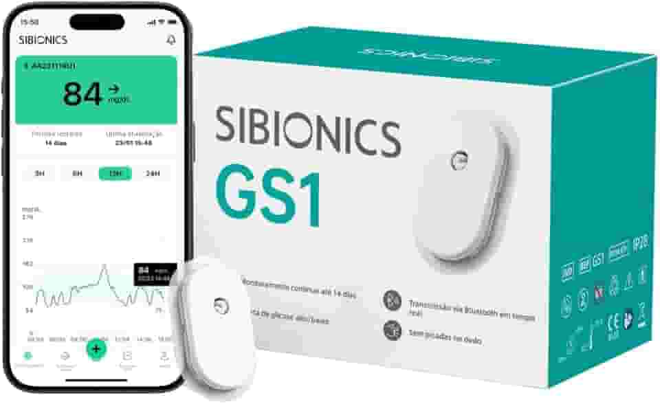 SIBIONICS CGM GS1 – Monitor de Glicose Contínuo 14 dias | 288 Leituras/dia | Sem Escaneamento | Bluetooth | Relatórios AGP | IP28 à prova d’água | Aplicador Indolor