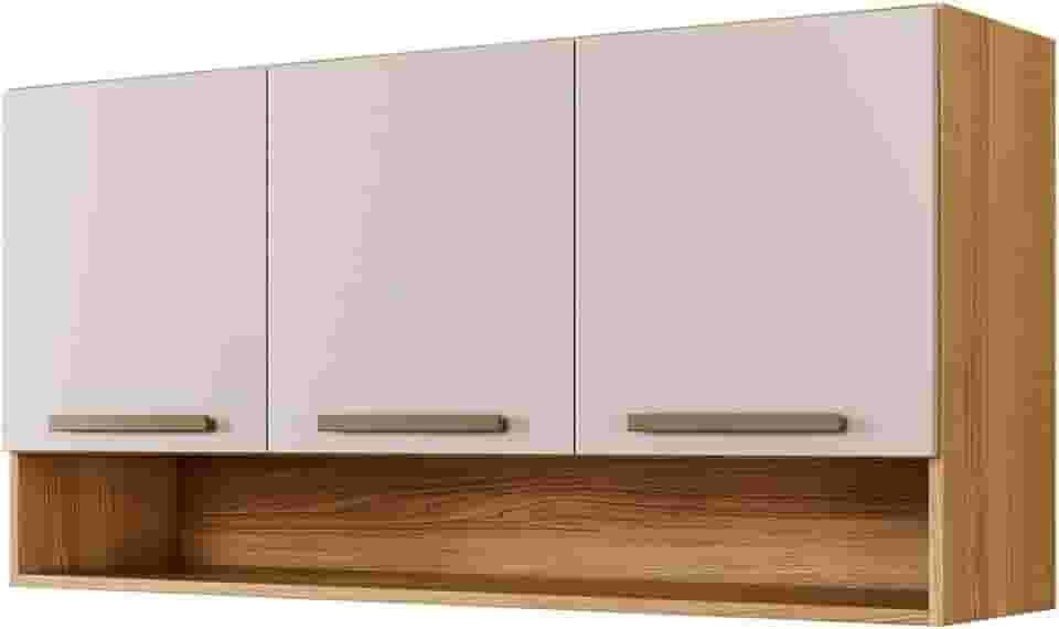 Armário Aéreo Suspenso Multiuso de Parede 3 Portas Plus (Off White/Cinamomo)