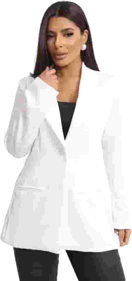 Blazer Feminino Alfaiataria Alongado Social Terninho (BR, Alfa, GG, Regular, Regular, Off White)