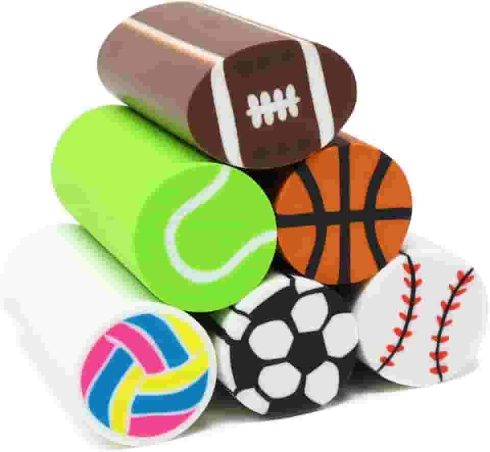 6 peças de borrachas longas para lápis de bola esportiva divertida, basquete, futebol, beisebol, tênis, vôlei, para festa de aniversário, recompensas em sala de aula, 6 estilos