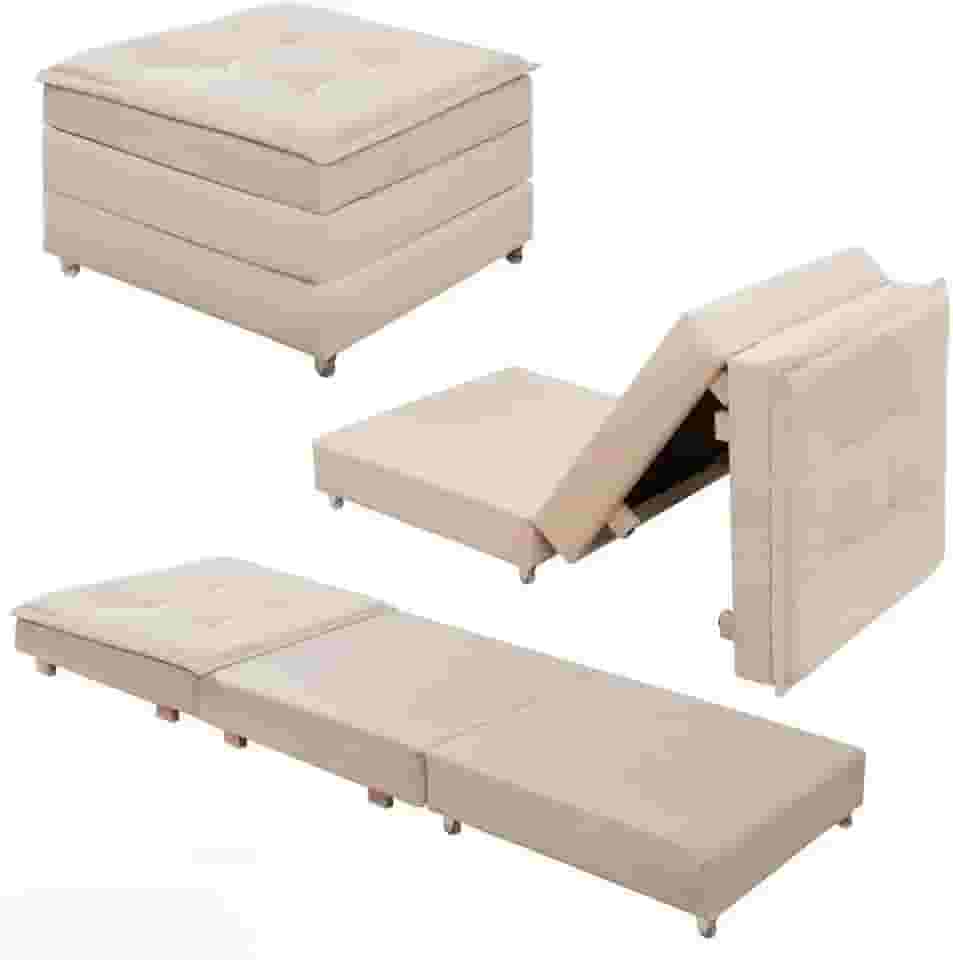 Puff Baú Quadrado MDF Com Rodinhas Vira Cama Colchão Solteiro Confortável e Moderno (Bege)