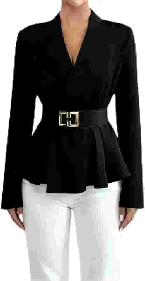 Blazer feminino de manga comprida com gola V e top formal com cinto